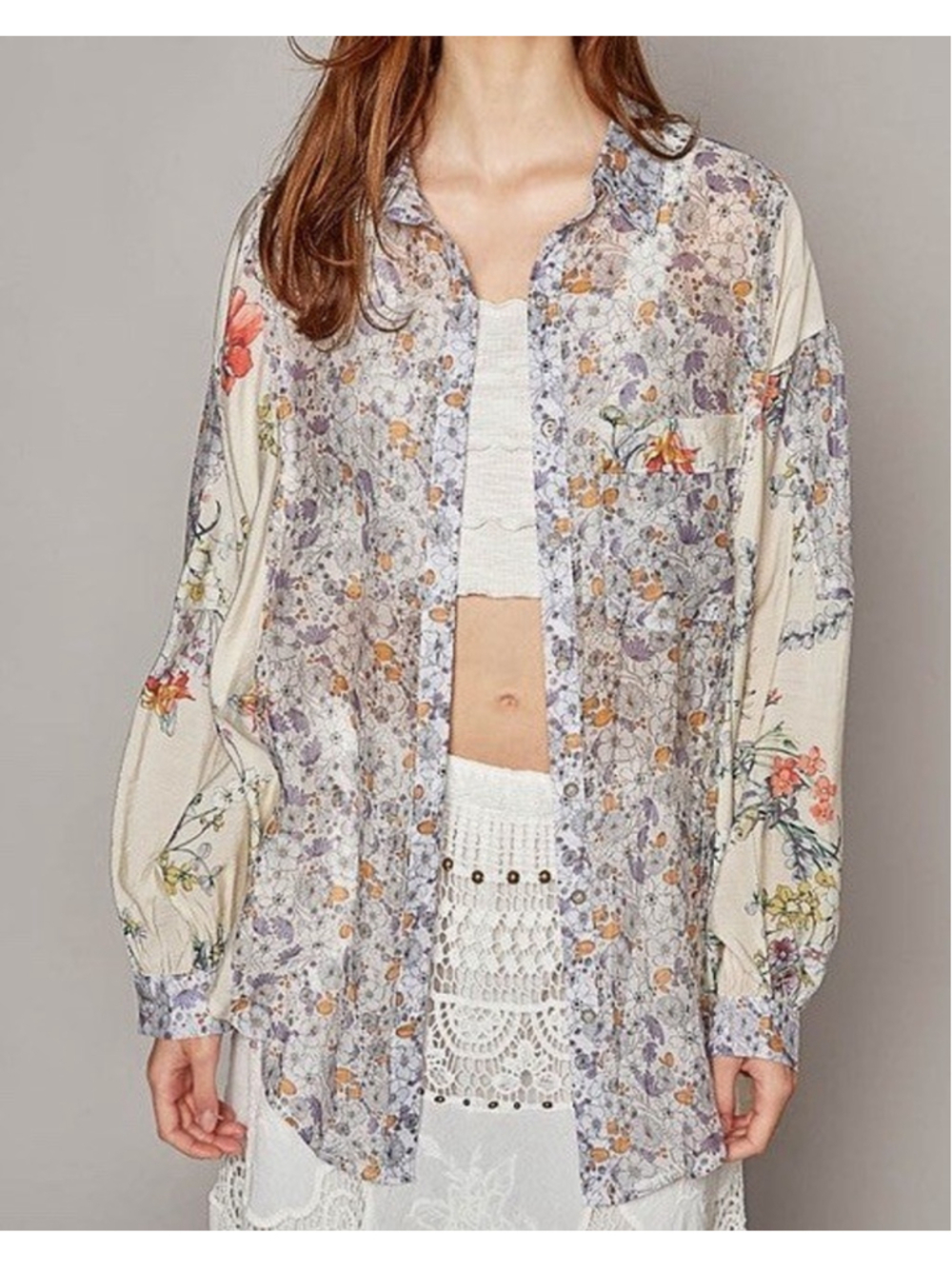 POL Floral Button Down Blouse M/L Boho Patchwork Shirt Lightweight Sheer Hi-Low - Picture 2 of 8